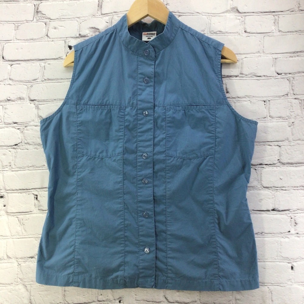 Sorel Top Womens Sz L Slate Blue Sleeveless Button up‎ Western Style